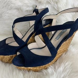 PRADA BLUE SUEDE WEDGE SANDALS, Size 37 EU